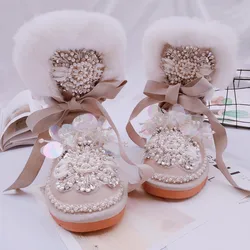 Pearl Bead Snow Boots Women Princess Rabbit Fur Warm Winter Boots 2023 Bling Rhinestone Crystal Ankle Booties Winter Shoes Woman