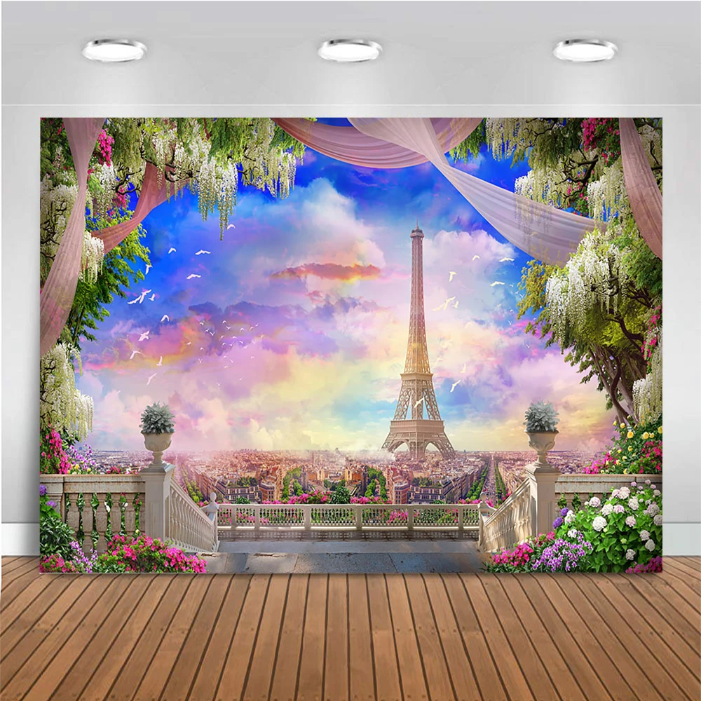 Paris Eiffel Tower Photography Background Balcony Girl Portrait Summer Adult Kids Party Backdrop Coulurful Sky Kids Photostudio