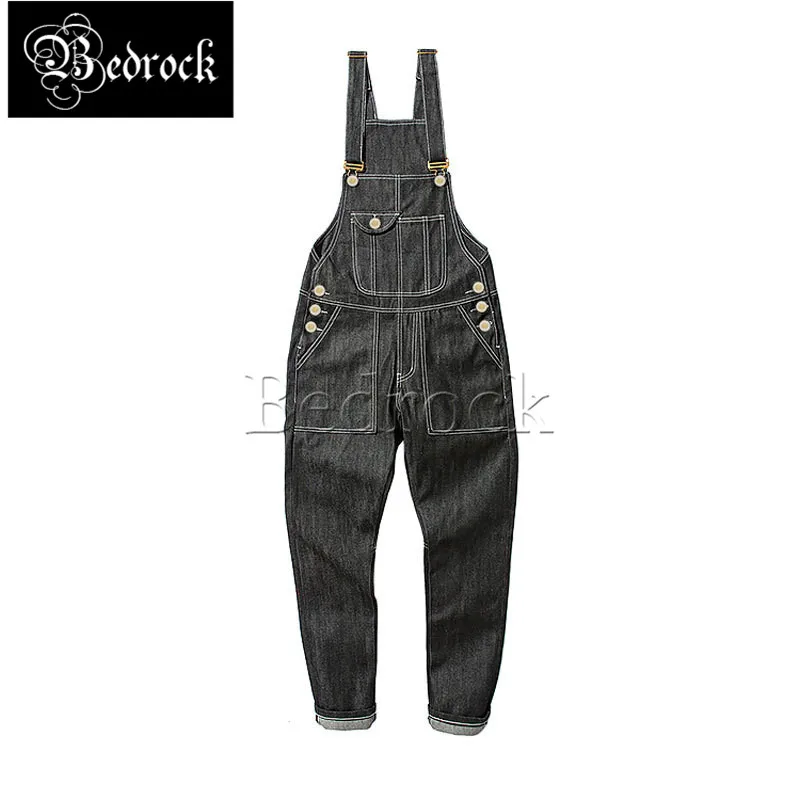 MBBCAR 13.5oz black overalls for men denim selvedge jeans worker\'s siamese bib one washed raw denim suspenders pants 707A