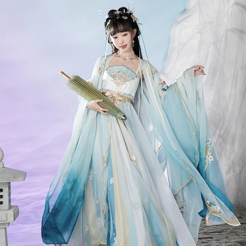 

New Chinese Traditional Clothes For Women Adult Folk Dance Stage Dress Tang Dynasty Princess Suit Blue Hanfu Costumes DQL6493