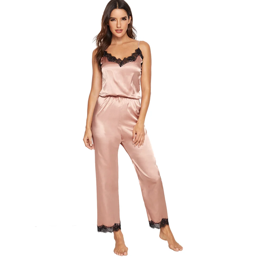 

Women's Satin Jumpsuit Onesie Pajamas Sexy Sleepwear Comfy Pyjamas Gorgeous Bodysuit Lace Loungewear