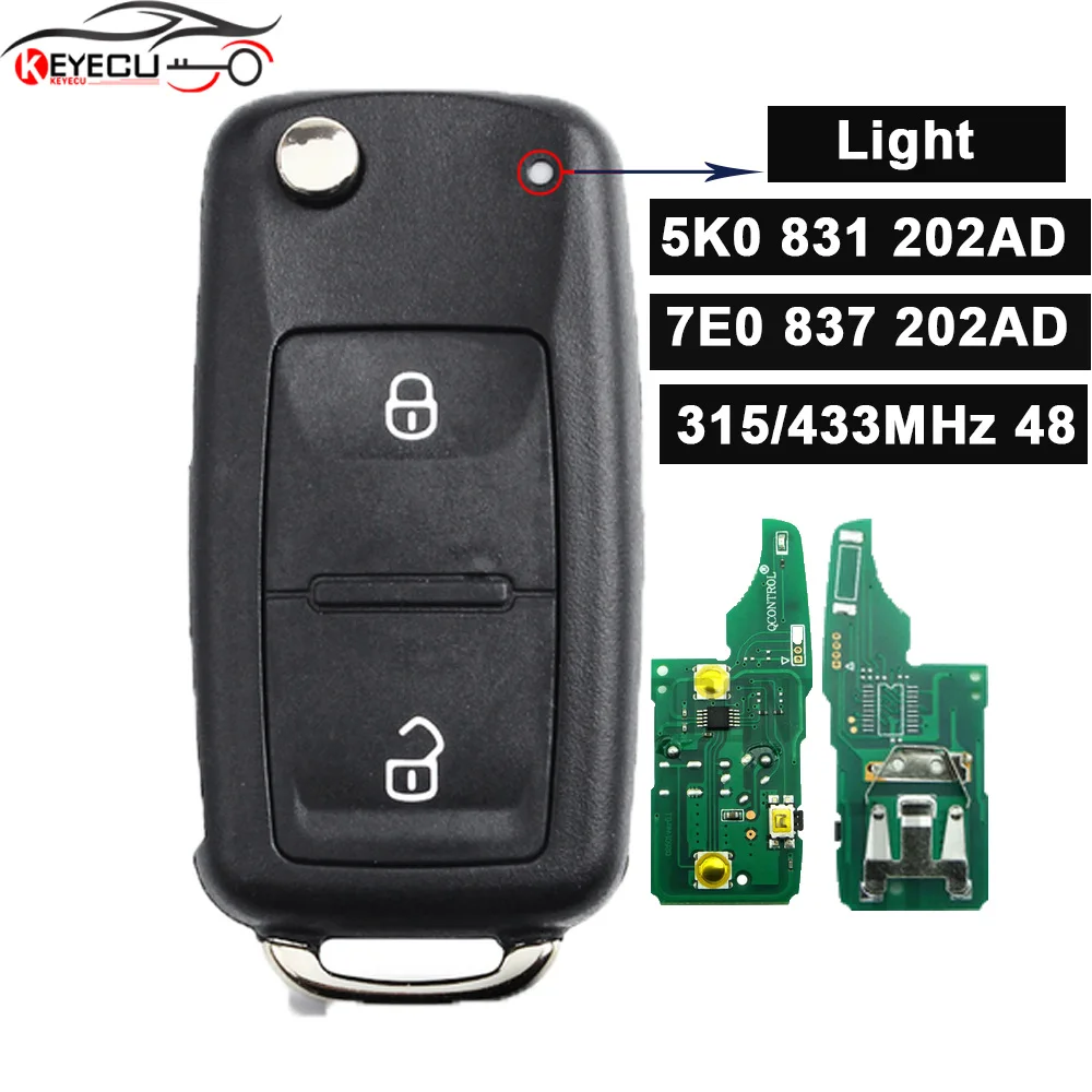 KEYECU 7E0837202AD / 5K0831202AD Flip Remote Car Key Fob 315MHz/ 433MHz ID48 for Volkswagen Amarok Transporter 2011-2016