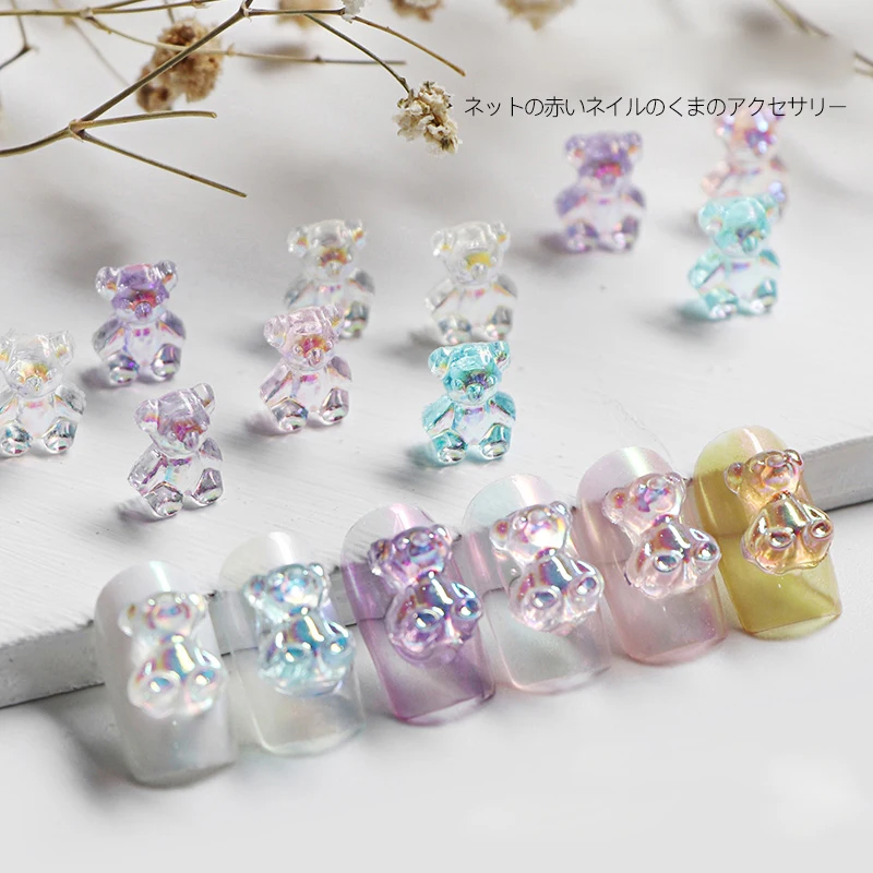 50pcs Transparent Aurora Bear Mixed Color Mixed Size Nail Art Accessories Resin Cartoon Bear 3D Fingernail DIY Decoration