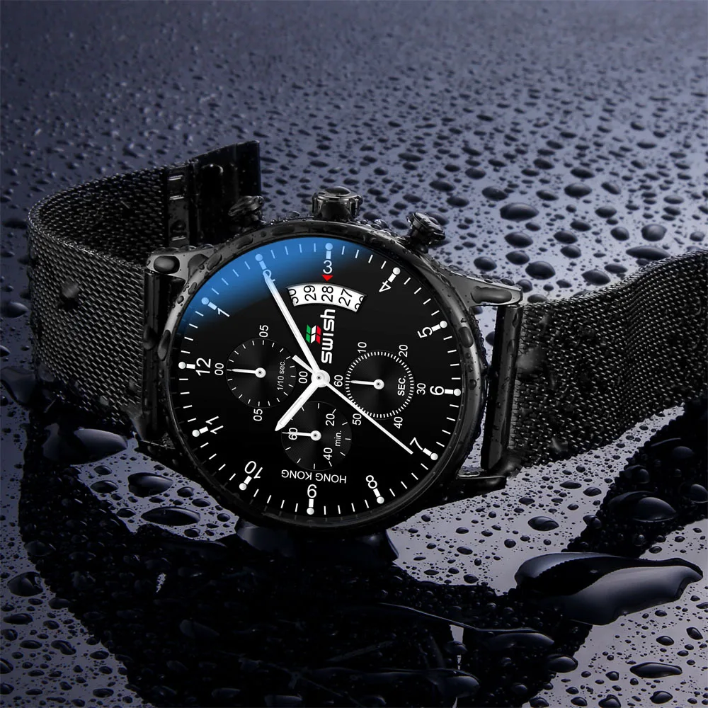 Reloj redondo de banda inoxidable para hombre y mujer, cronógrafo de pulsera con placa de Metal, monturas multifunción