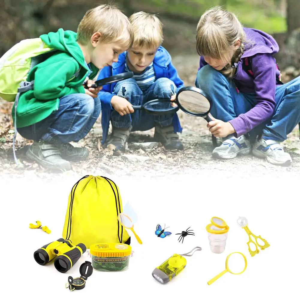 Kids Outdoor Explorer Kit With Drawstring Bag Binoculars Butterfly Net Educational Nature Exploration Toys Gift For Boys & Girls