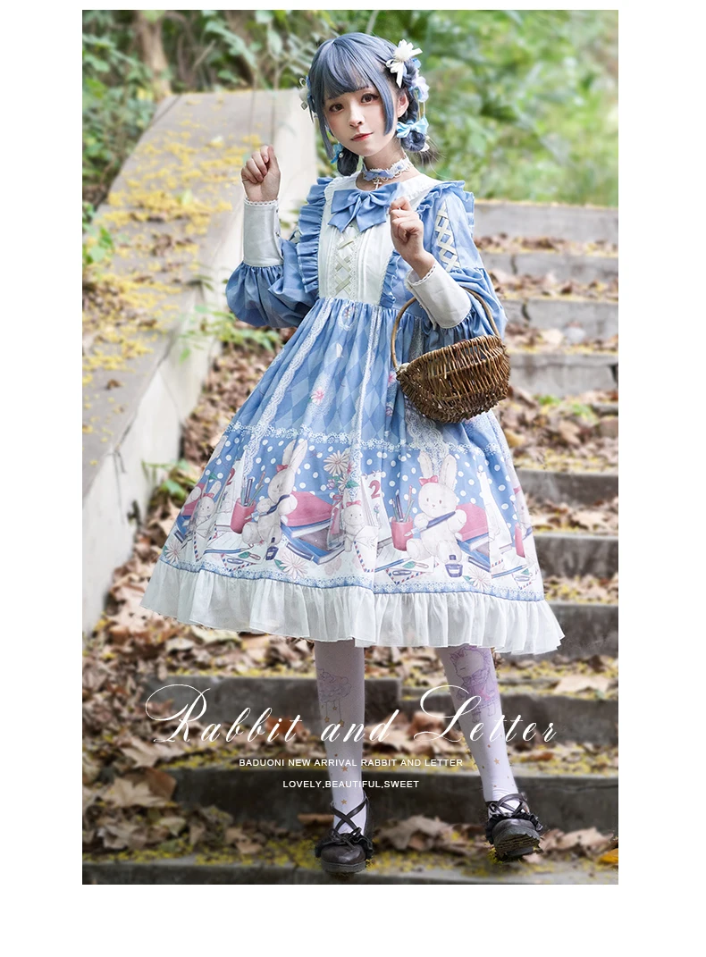 Robe princesse lolita Vintage pour filles, col rond, imprimé avec nœud papillon, taille haute, style victorien, kawaii, gothique