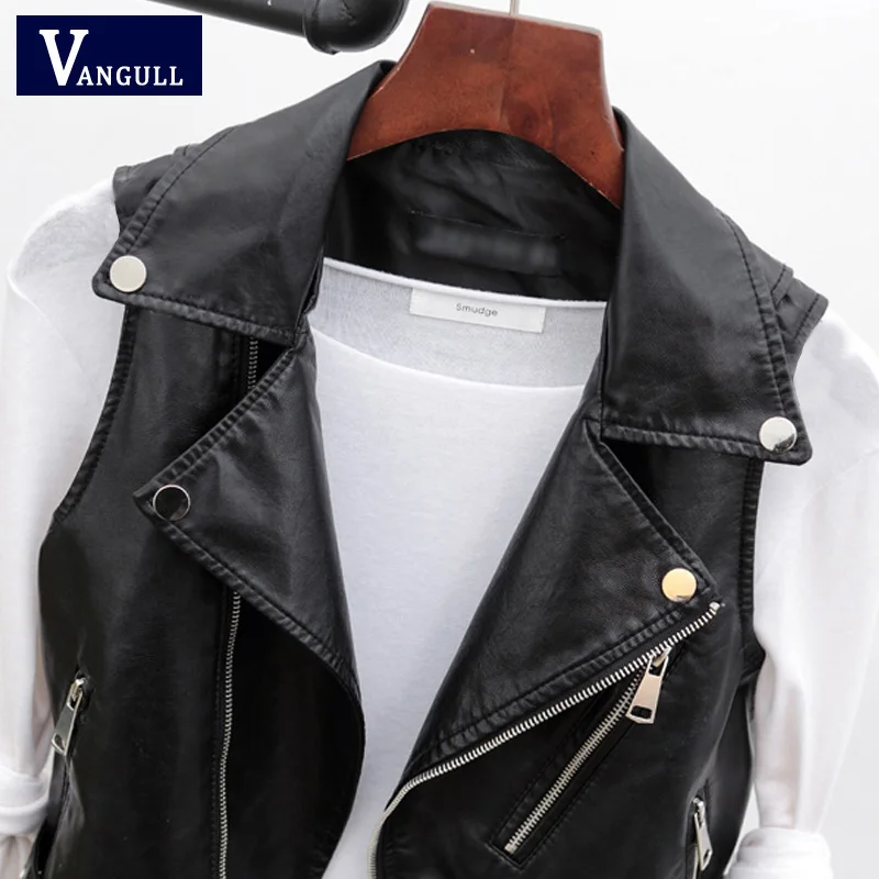 Vangull PU Leather Vest Waistcoat Solid Women Motorcycle Vest 2022 Spring Autumn New High Quality Sleeveless Zipper Vests Tops