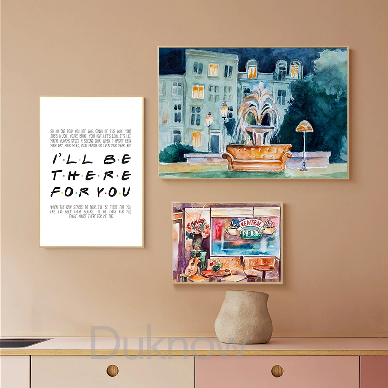 Wall Art Friends TV Show Fontain Watercolor Poster Prints , 90s Sitcom Central Perk Couch Canvas Painting Tv Series Poster Decor