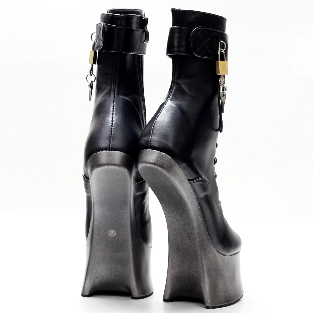 Novelty Horseshoe Ankle Boots 18CM High Hoof Heel Platform Lockable Strap Padlocks Women Sexy Fetish Cosplay Shoes