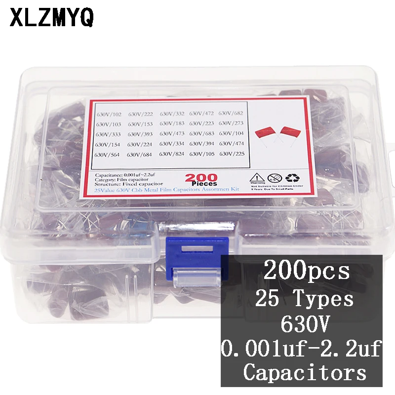 200pcs/Box 25 Types 630V CBB Metal Film Capacitors Assortment Kit 0.001uf~2.2uf Polyester Film Capacitors Assortment Kit