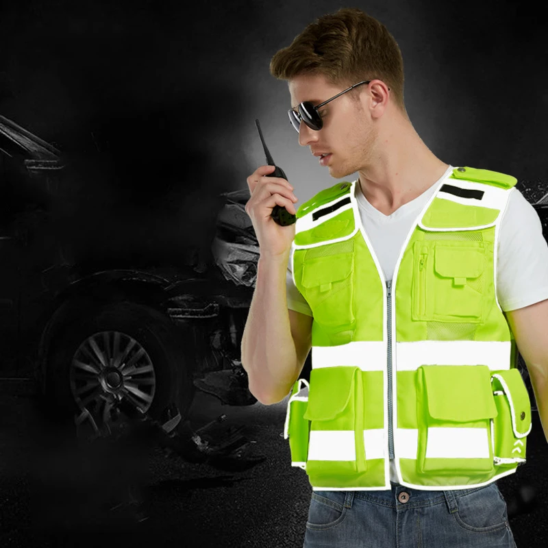 

Reflective Vest High Visibility Safety Clothing Work Multi Pocket Workwear Breathable Outdoor Motor Ride Tank Tops Waistcoat Men