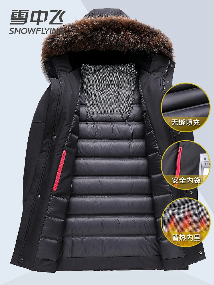 Jaqueta masculina de comprimento médio extremamente frio grosso quente 90% ganso branco para baixo com capuz grande gola de pele casaco de roupas de