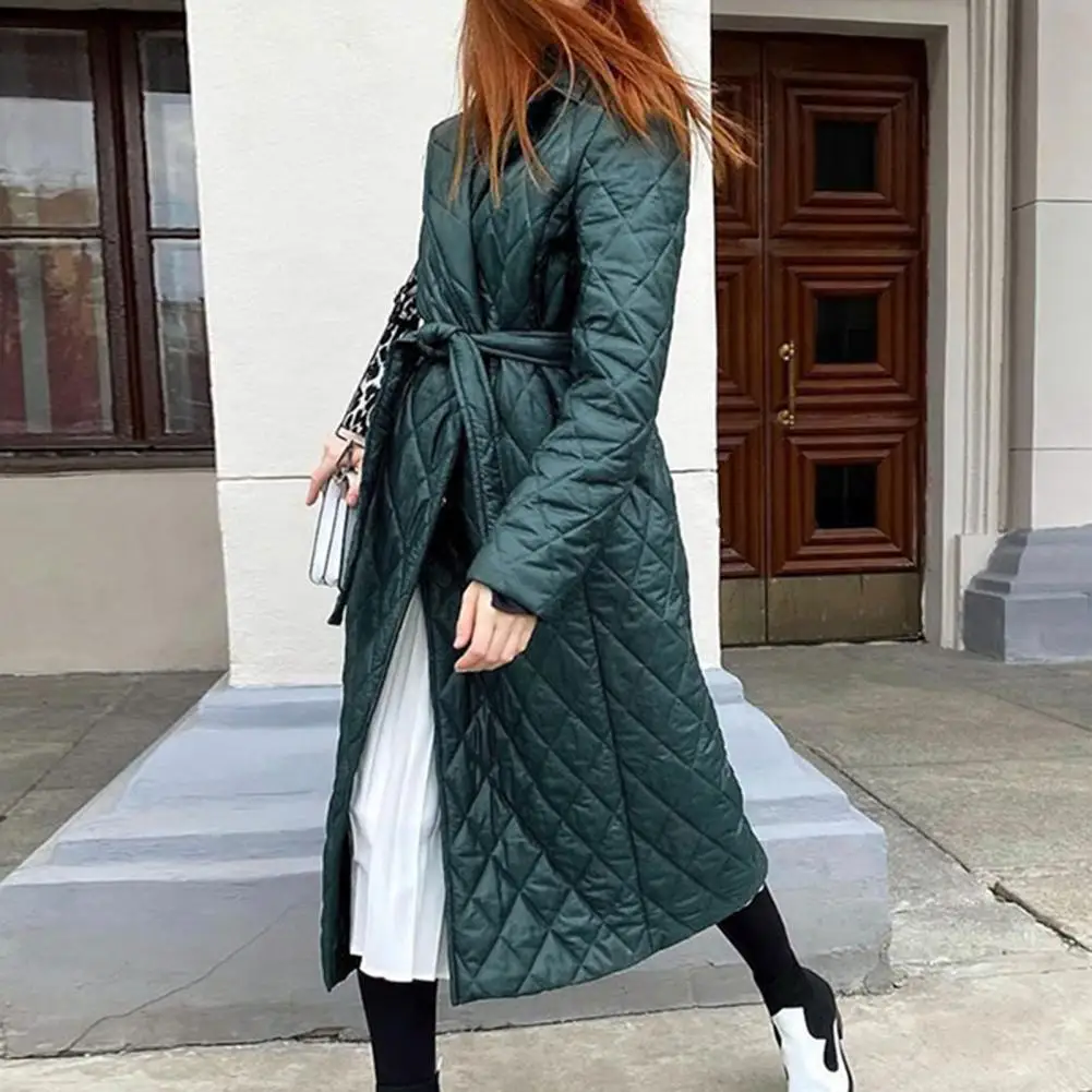 Winter Quilted Coats Women Long Parkas Vintage Plaid Loose Belt Jacket Overcoat Female Mid-Length Coat Outwear пальто женское