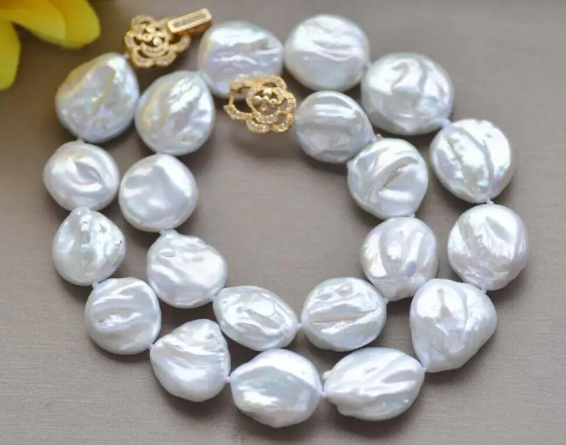 

Beautiful 20mm White Baroque Coin KESHI Pearl Necklace 18" 36" yellow Clasp