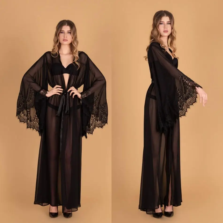 

2020 Women's Bathrobe V Neck Long Sleeves Appliques Chiffon Nightgown Robe Prom Bridesmaid Shawel Custom Made Lady Sleepwear