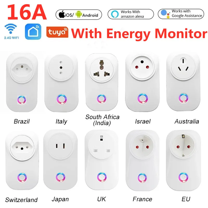 16A WiFi Smart Plug EU Brazil UK Voice Control Power Energy Monitor Outlet Timer Socket for Alexa Google Home Tuya Smartlife App