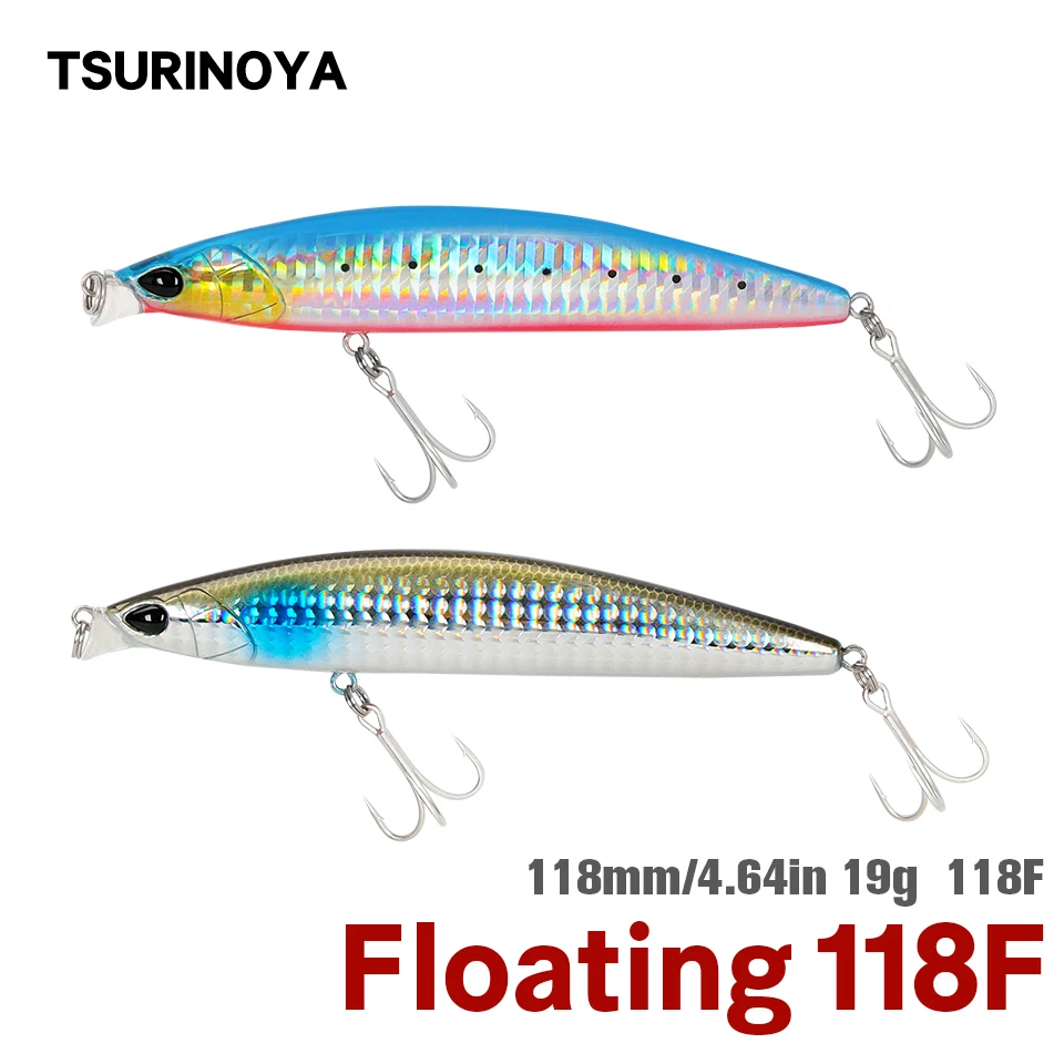 TSURINOYA Sea Fishing Lure 118F Shallow Range Floating Minnow 118mm 19g DW95 Long Casting Magnet Gravity System Hard Bait