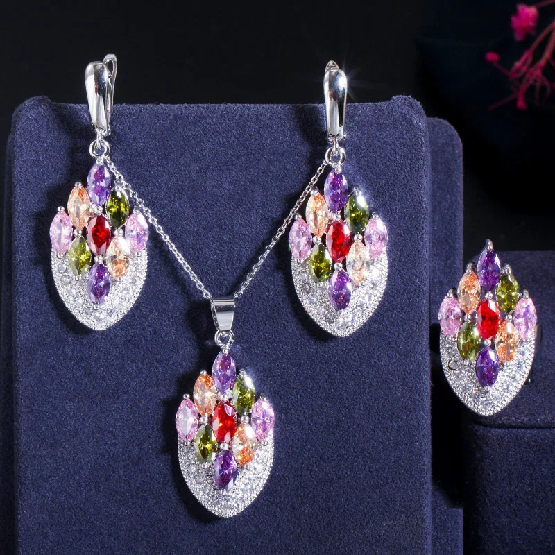 ThreeGraces Natural Light Yellow Cubic Zirconia Silver Color Unique Necklace and Earrings Ring Set Ladies Party Jewelry JS516