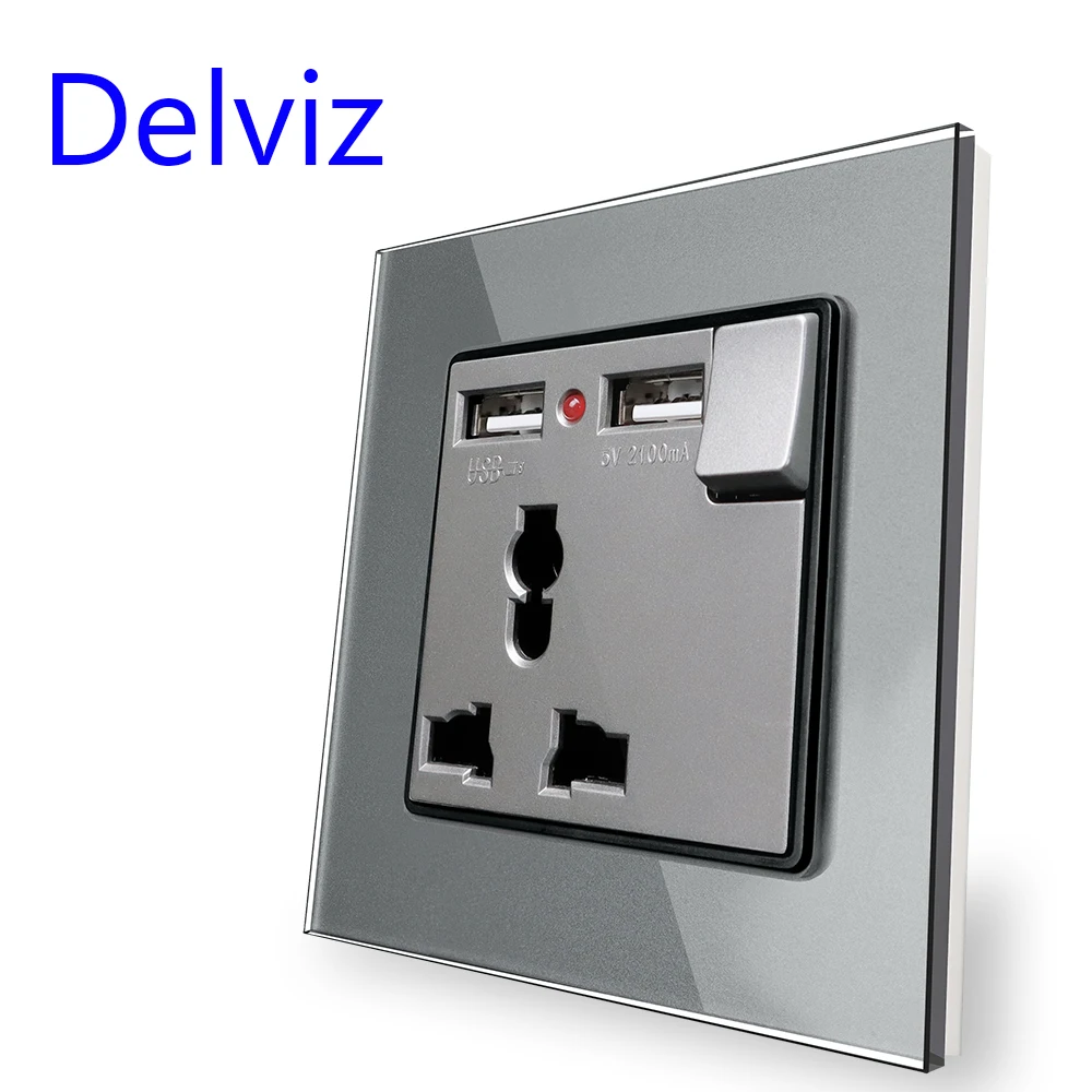 Delviz-Interruptor de vidrio templado, Panel de cristal gris, enchufe de toma de corriente de pared de 16A, CA 110V-250V 86mm * 86mm, pulsador de 1