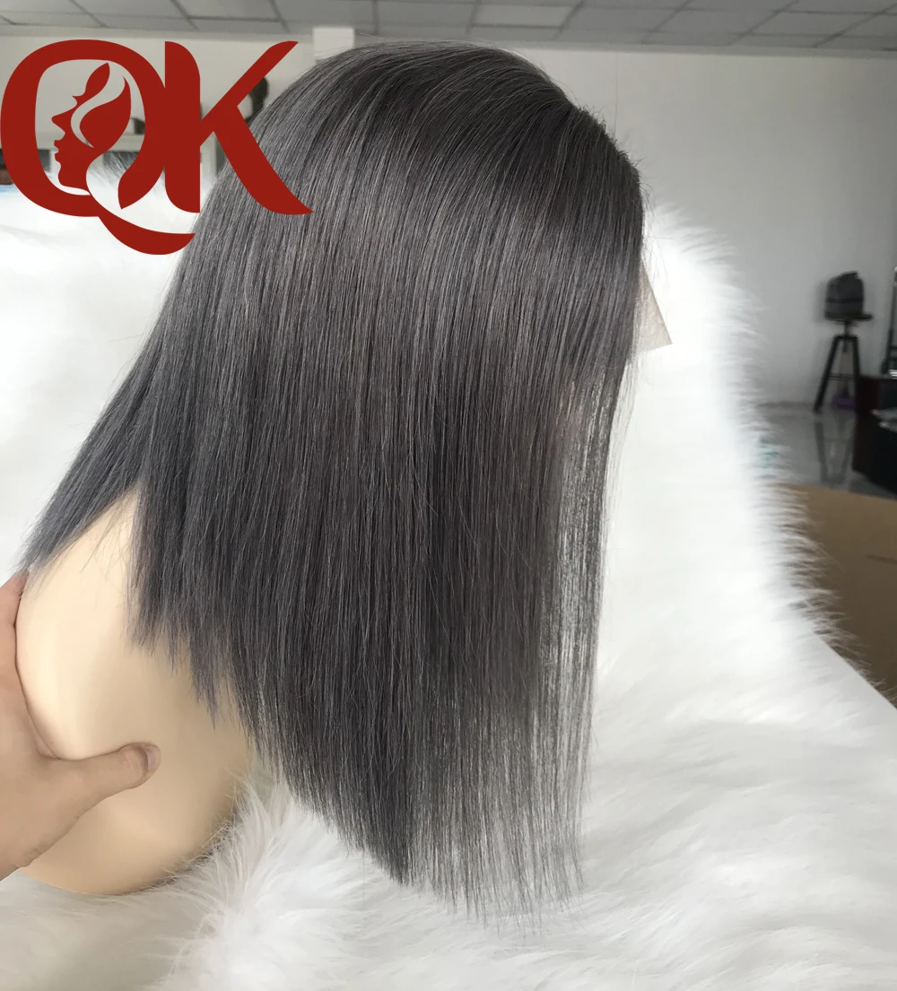 Queenking Hair Dark Grey Color Remy Hair Wig Short Human Hair Bob Lace Front human hair Wig Natural Hairline 180% density