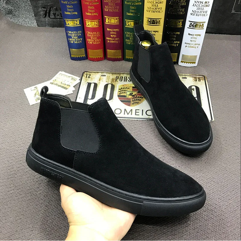 

mens casual flats platform boots black breathable cow suede leather shoes spring autumn chelsea boot handsome ankle botas zapato