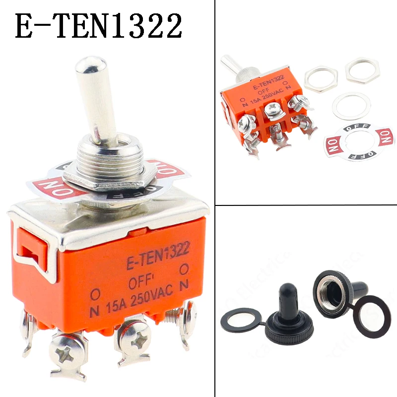 High Quality 1PCS E-TEN1322 15A/250V 6 pin Waterproof Switch Cap On-Off-On Miniature Toggle Switches orange