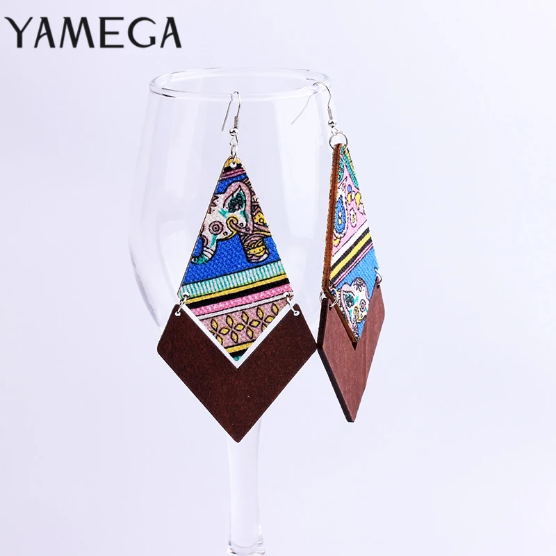 YAMEGA 2019 New Fashion Long Rhombus Wooden Earrings With Fabric Covered Colorful Statement Geometric Dangle Earring For Women