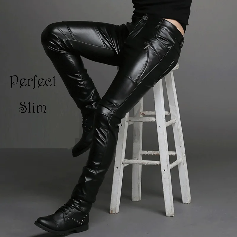 Idopy Men`s Leather Pants Punk Style Skinny Zippers Party Stage Performance Night Club Steampunk Faux PU Leather Trousers