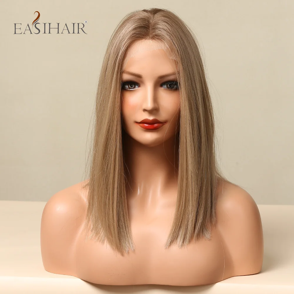 EASIHAIR-peluca sintética de corte medio para mujer, cabellera con malla frontal recta, color rubio dorado, parte media, alta densidad, resistente