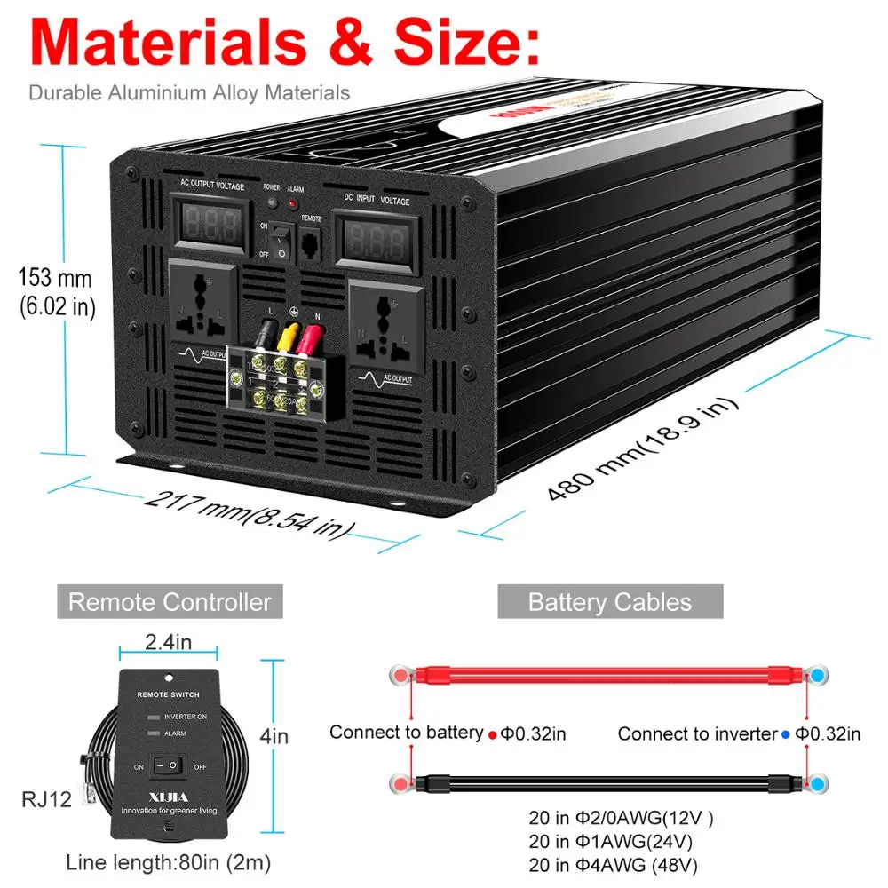 6000W pure sine wave inverter 12v 110v with remote control solar power inverter DC 24v 48v to AC 220v digital display