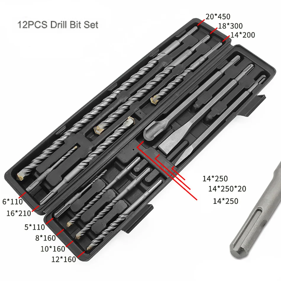 Imagem -03 - Elétrica Rock Drill Bit Grupo Cinzel Sds Shank Impact Concreto Rotativo Alvenaria Grooving Nova Ferramenta Elétrica Caixa de Plástico 12 Pcs