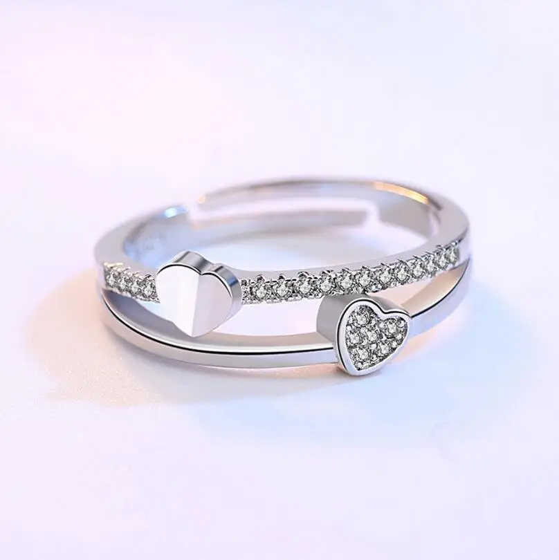 Luxury 925 Sterling Silver Wedding Ring For Women Double Heart Zirconia Opening Ring Valentine's Day Present S-R133 - Image 2