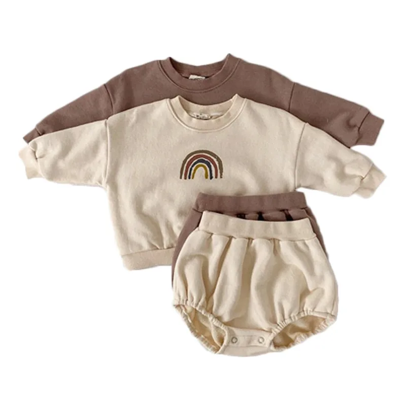 Baby Boys And Girls Rainbow Clothing Set Kids Casual Long Sleeve Rainbow Pullover Sweatshirt Tops + Shorts Children Clothes Set