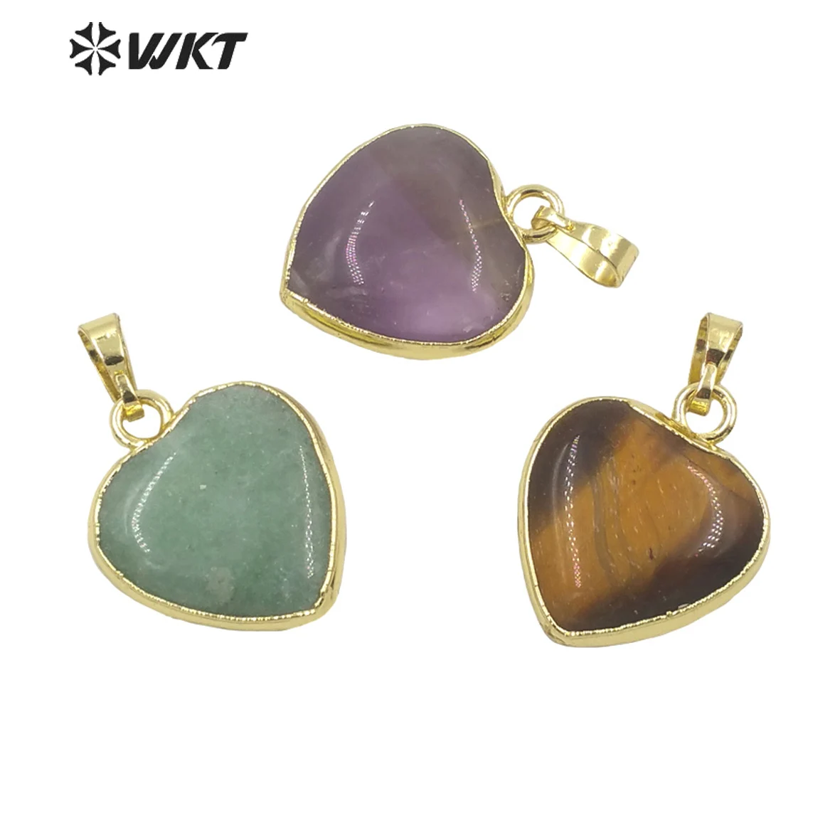 WT-P1700 Wholesale Lady Lovely Natural Gem Stone Small Heart pendant gold electroplated pink quartz 20mm gold stone heart charms