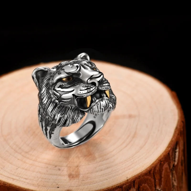 2021 Retro Punk Personality Tiger Head Ring for Men Stainless Steel Good Detail Animal Hip Hop Creative Jewelry for Men