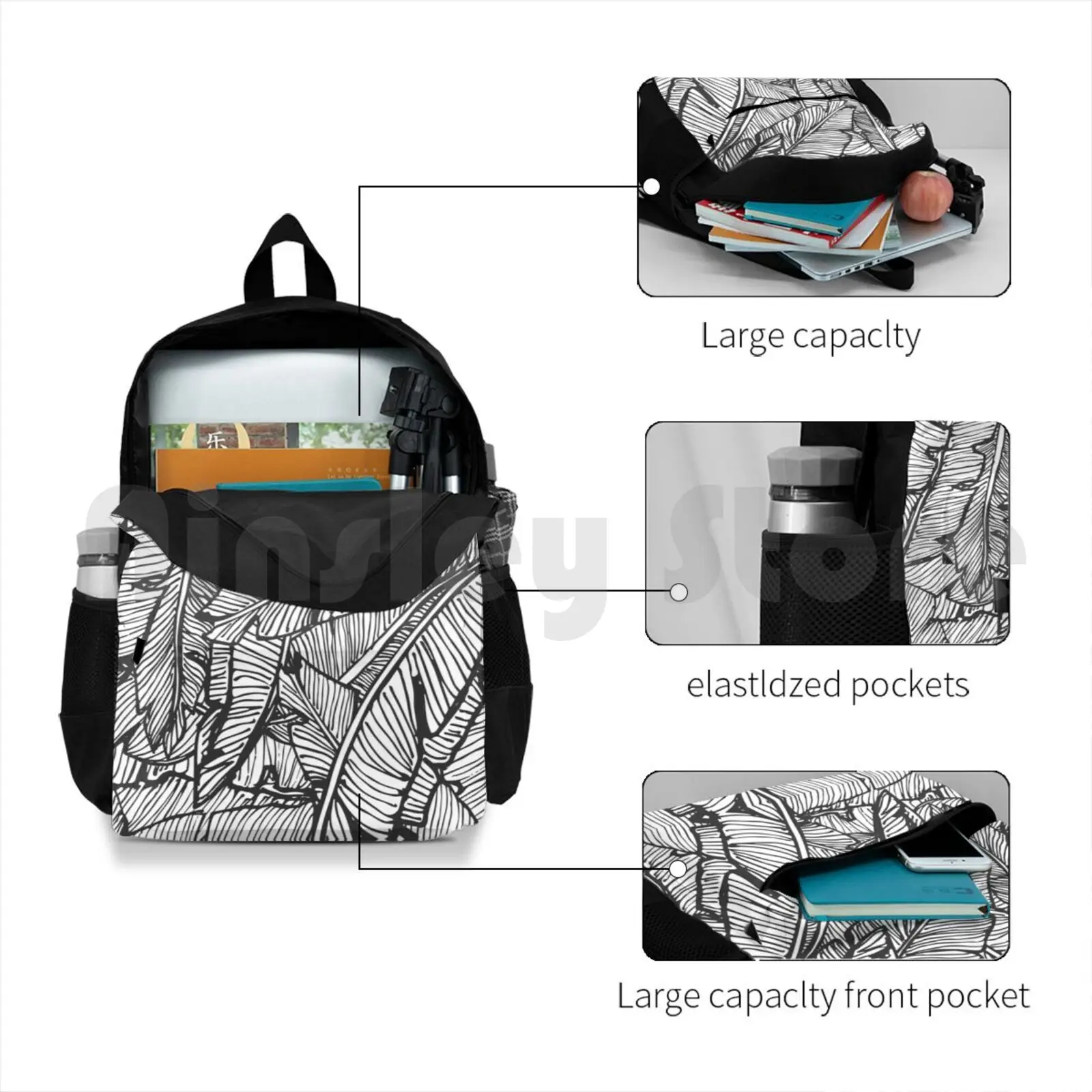 Black & White Jungle Outdoor Hiking Backpack Riding Climbing Sports Bag Vintage Hawaiian Vacation Summer Botanical Exotic