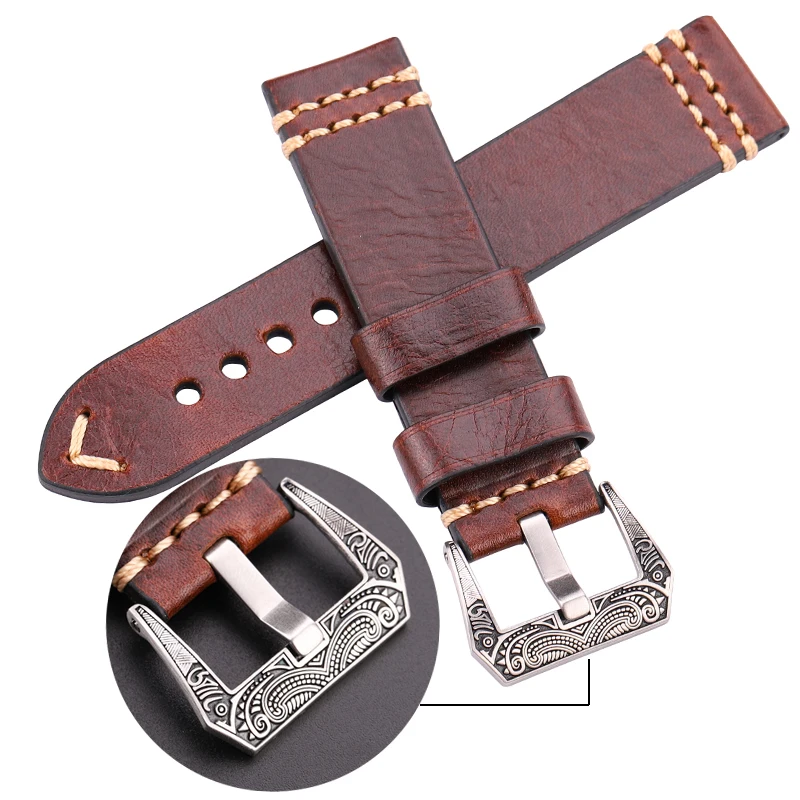 Handmade Watchband 20mm 22mm 24mm Genuien Leather Watch Band Strap 4 Colors Cowhide Watch Accessories Retro Steel Buckle