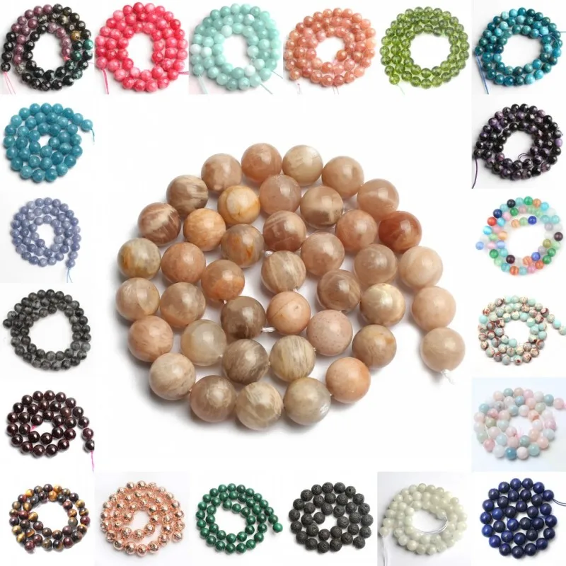 Natural Agates Garnet Amazonite Angelite Sunstone Moonstone Charoite Tiger Eye Round Beads For Jewelry Making DIY Bracelet 15''