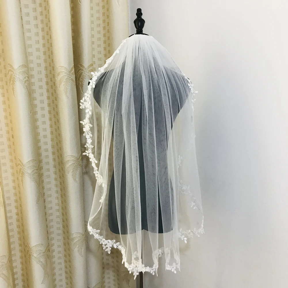 Voile de Mariée Court en Dentelle à une Couche, Blanc/Ivoire, Longueur de Coude, avec Peigne, Accessoires de Mariage, Jour des Amoureux