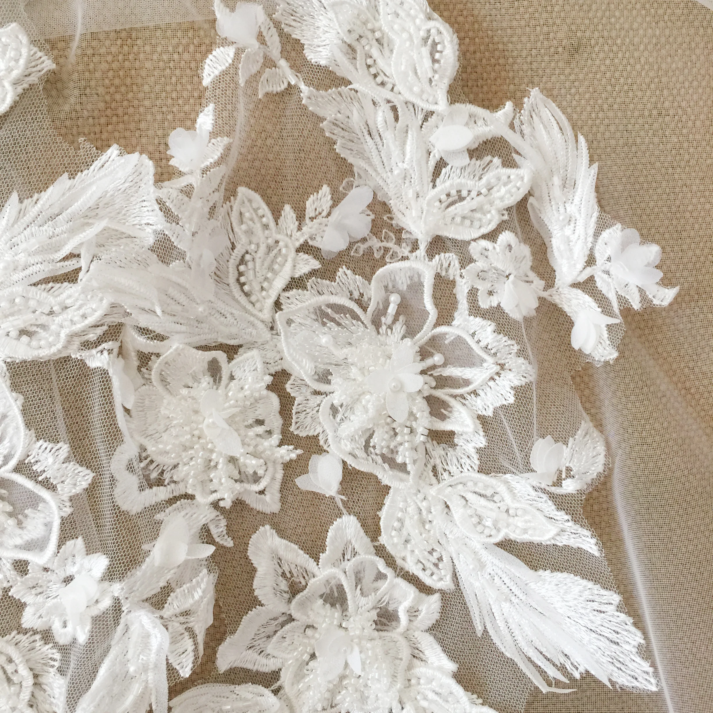 Hand Beaded 3D Lace Applique for Wedding Dress, Flower and Leaf Lace Applique, Bridal Gown Lace Applique, Bridal Veil Lace