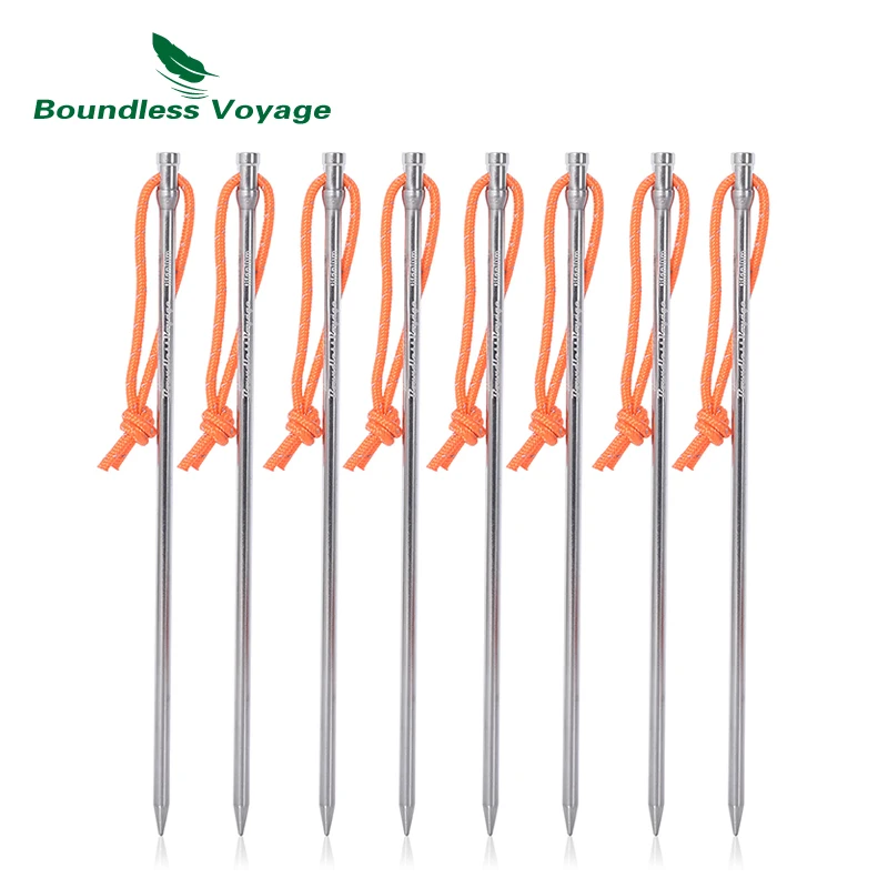 

Boundless Voyage 20cm Camping Tent Pegs Titanium Tent Nails Ultralight Tent Stakes Heavy Duty Tent Pins with Rope 6/8 pcs