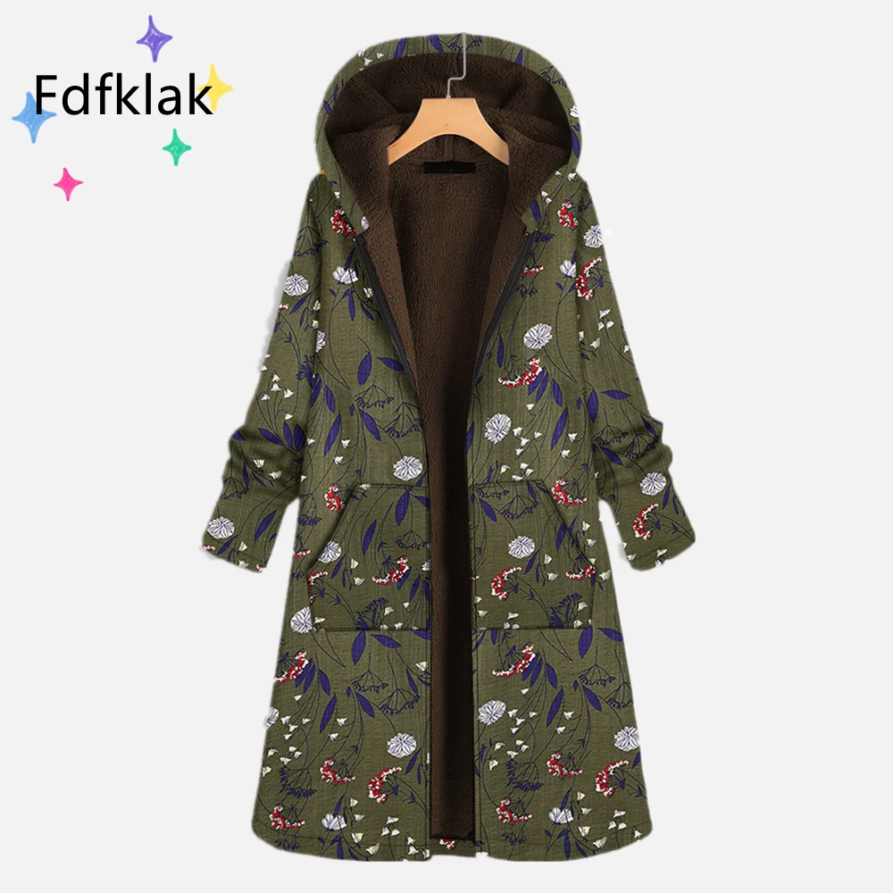 Fdfklak Korean Print Parkas For Women Clothing Cotton Linen Plus Velvet Thick Mid-Length Green Jacket Female 2021 Oversize