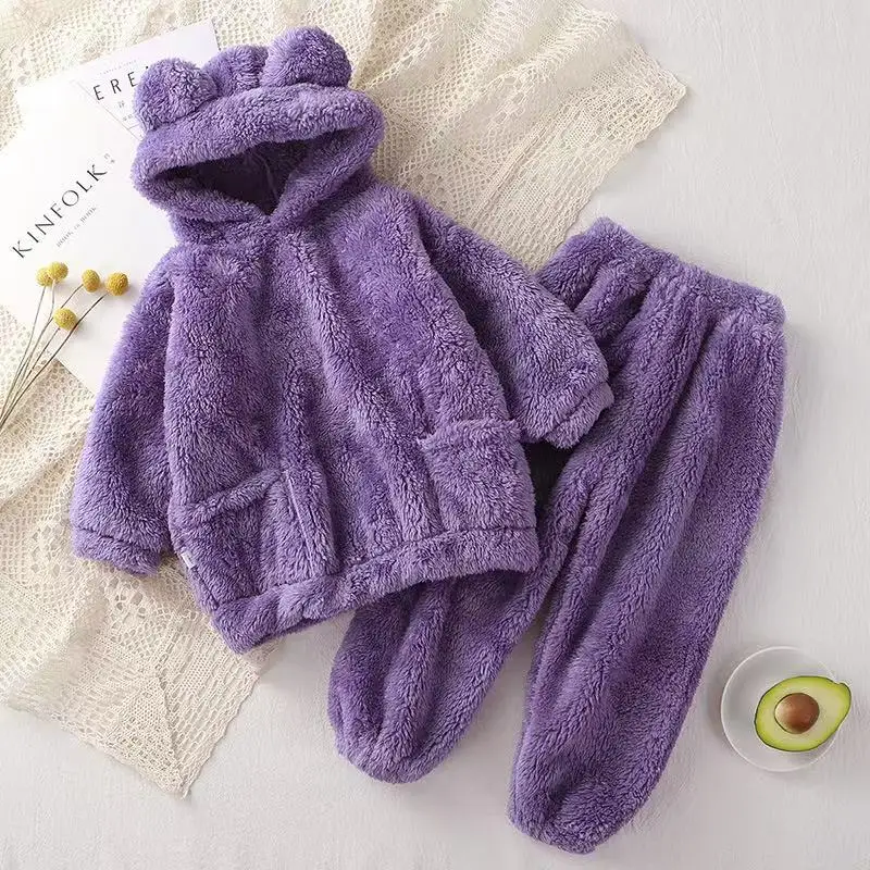 2023 Autumn Winter Baby Faux Fur Tracksuit 2pcs Children Boys Bear Hoodie+Trousers Pants Kids Loungewear Cute Girls Warm Outfit