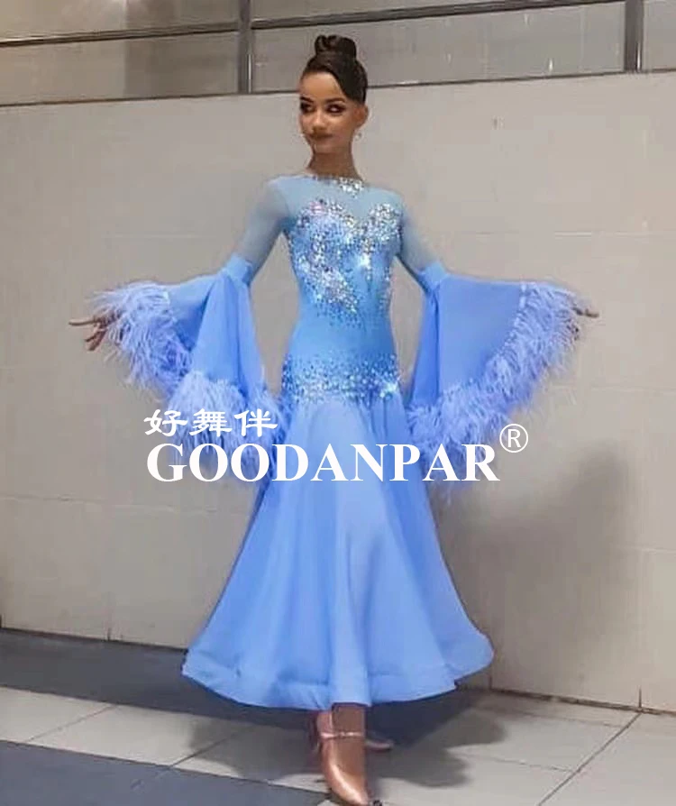 GOODANPAR New Standard Ballroom Dance Dress Women Girls Competition Costume  Lycra Waltz Stage blue long sleeveostrich feather