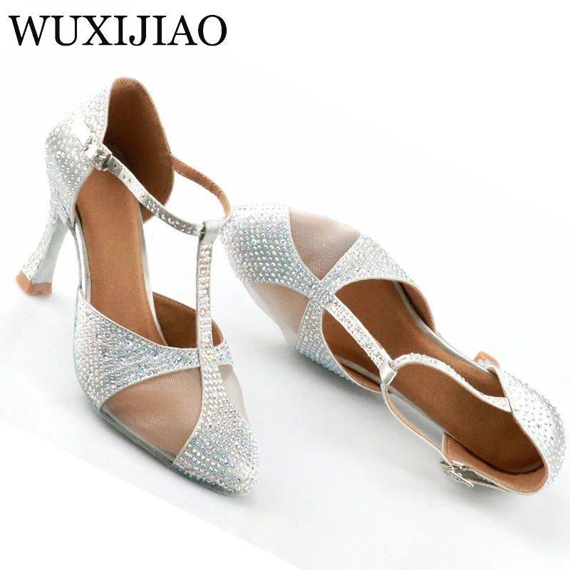 WUXIJIAO-zapatos de baile latino con diamantes de imitación, calzado de satén de seda plateada, zapatos de boda, diseño de diamantes de imitación