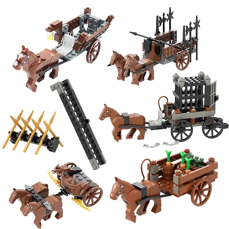 MOC Medieval Carriage Horse Animals Chariot Building Blocks Military Knights Figures Soldier Accessories War Weapons Kids Toys