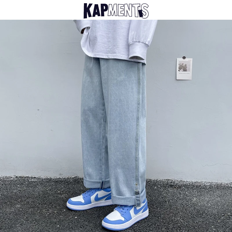 KAPMENTS Men Vintage Korean Cuffs Button Cargo Jeans 2023 Spring Mens Harajuku Solid Harem Denim Pants Man Loose Hip Hop Joggers