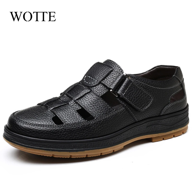 WOTTE Classic Sandals Men Genuine Leather sandaliasHollow Out Casual Shoes Comfortable Solid Outdoor Mens Shoes zapatos hombre