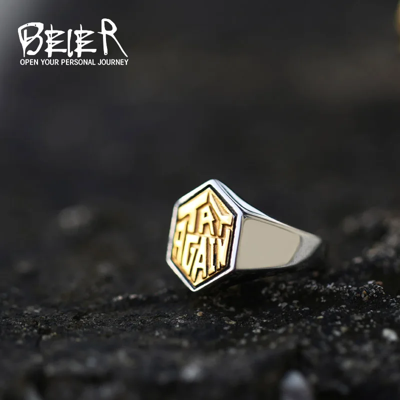 BEIER new store 316L Stainless Steel Fashion punk letters try again men\'s ring unique design rock high quality jewelry BR8-654