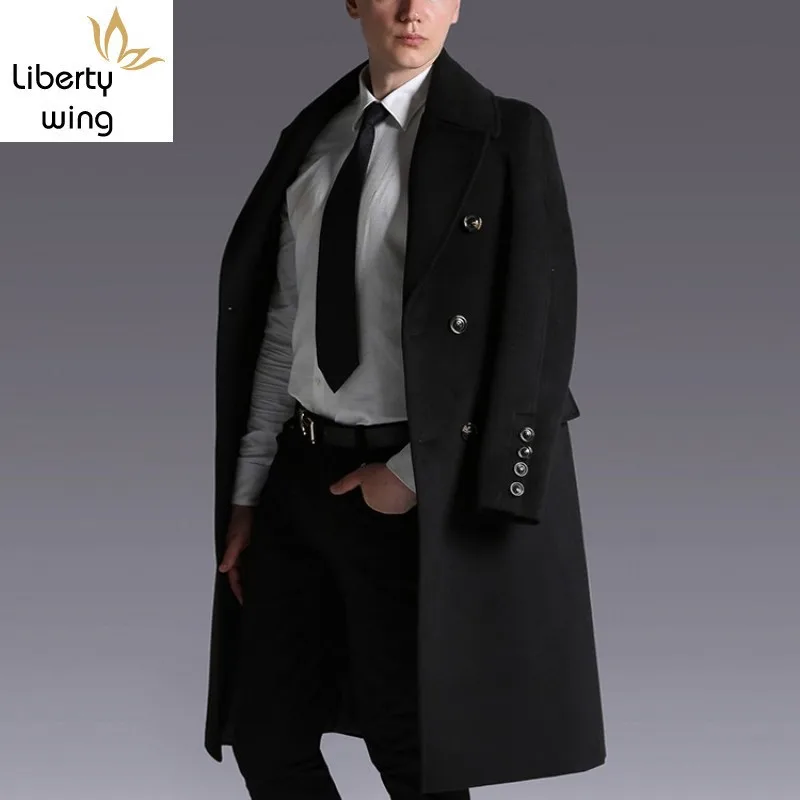 

Winter Mens Office Work Woolen Blends Long Coat Erkek Mont Belted Slim Fit Overcoat Double Breasted Military Sobretudo Big Size